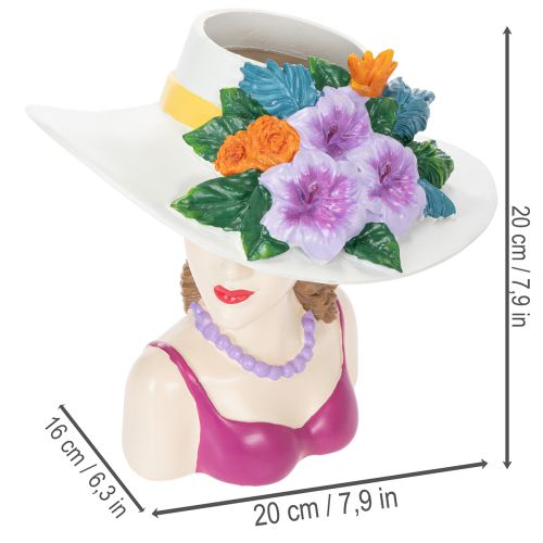 Article Vase décoratif représentant une femme coiffée d'un chapeau, avec des fleurs, pour l'intérieur et l'extérieur, 20 cm.