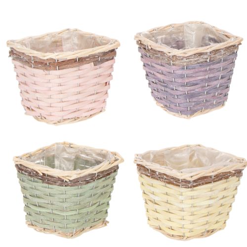Set de 4 cache-pots carrés en bois avec doublure plastique 14cm | Floristik24.fr