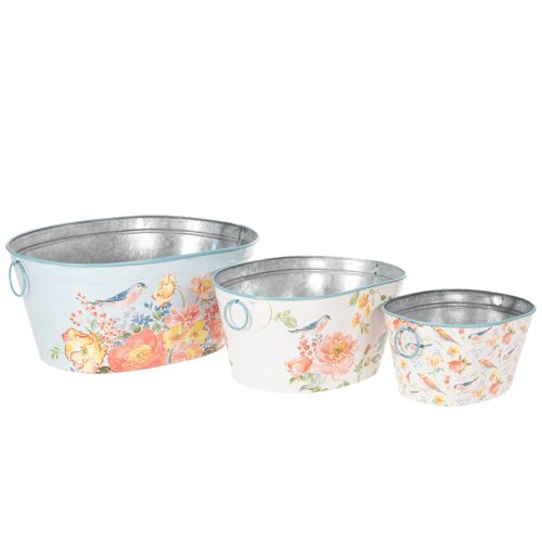 Pots de fleurs, printemps, jardinières pour fleurs/oiseaux, récipient ovale en métal L39/31/24,5 cm, lot de 3 | Floristik24.fr