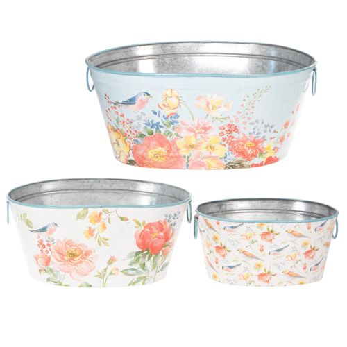 Pots de fleurs, printemps, jardinières pour fleurs/oiseaux, récipient ovale en métal L39/31/24,5 cm, lot de 3 | Floristik24.fr