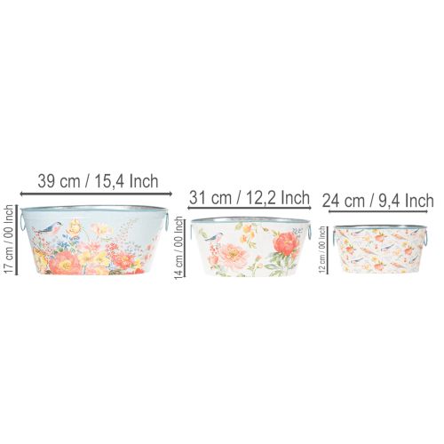 Pots de fleurs, printemps, jardinières pour fleurs/oiseaux, récipient ovale en métal L39/31/24,5 cm, lot de 3 | Floristik24.fr