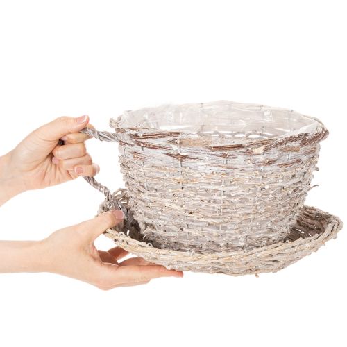 Tasse décorative en osier blanc-gris avec soucoupe 34 cm | Floristik24.fr