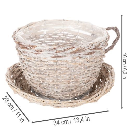 Tasse décorative en osier blanc-gris avec soucoupe 34 cm | Floristik24.fr