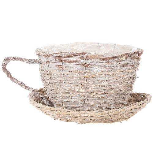 Tasse décorative en osier blanc-gris avec soucoupe 34 cm | Floristik24.fr