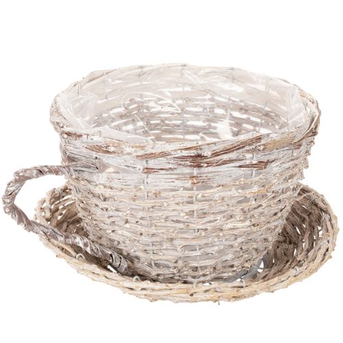 Tasse décorative en osier blanc-gris avec soucoupe 34 cm | Floristik24.fr