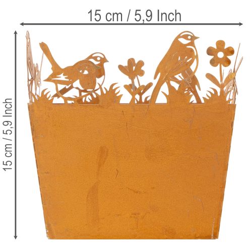 Pot de fleurs en métal avec oiseaux, jardinière, printemps, finition rouille, hauteur 15,5 cm | Floristik24.fr