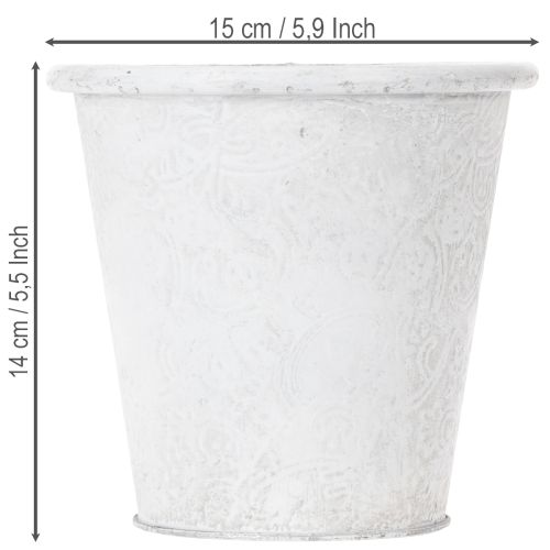 Article Pot de fleurs orné, cache-pot, récipient en métal, blanc, Ø 15,5 cm, H 14,5 cm