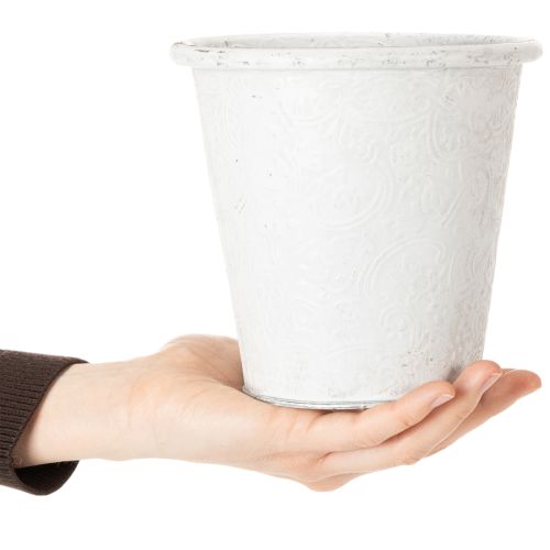 Article Pot de fleurs orné, cache-pot, récipient en métal, blanc, Ø 15,5 cm, H 14,5 cm