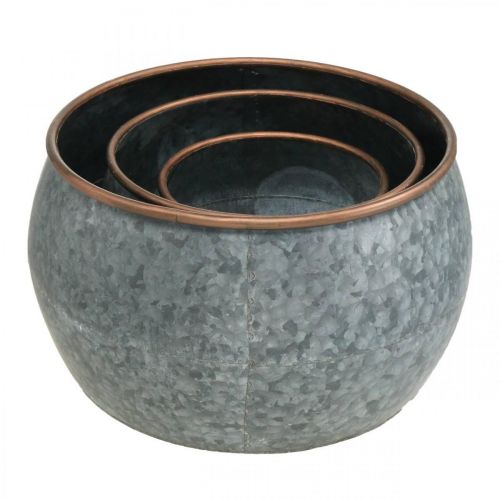 Article Pot déco, bol jardinière, vase métal argenté, aspect antique cuivré H22 / 20,5 / 16,5cm Ø39 / 30,5 / 25cm lot de 3