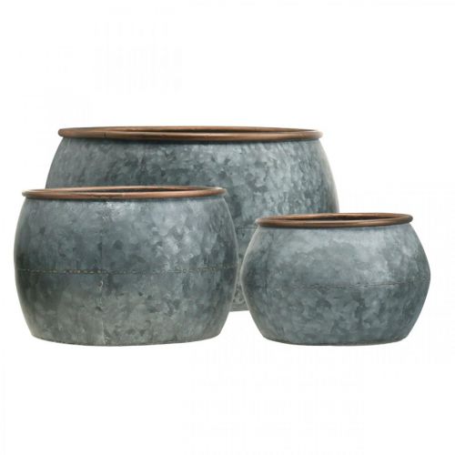 Article Pot déco, bol jardinière, vase métal argenté, aspect antique cuivré H22 / 20,5 / 16,5cm Ø39 / 30,5 / 25cm lot de 3
