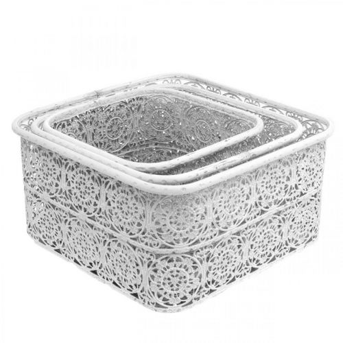 Article Bols en métal motif dentelle, vase décoratif carré, shabby chic, blanc 27/23/19cm H13.5cm lot de 3