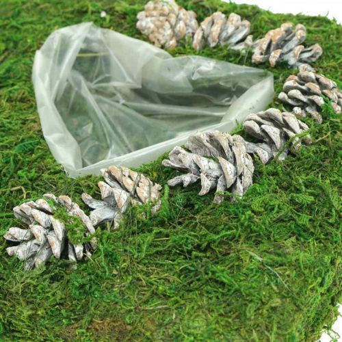Coussin végétal coeur mousse et cônes, blanc lavé 25×25cm