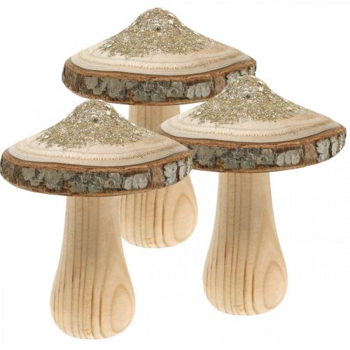 Floristik24 Champignon en bois écorce et paillettes déco champignons bois H11cm 3pcs