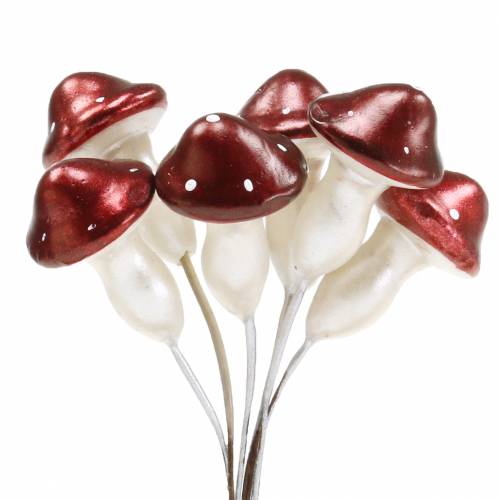 Floristik24 Champignons sur fil rouge, blanc métallisé 2cm 48 pcs