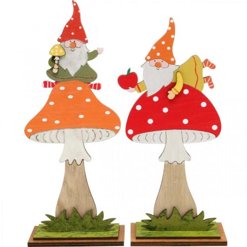 Article Amanite mouche pour l&#39;automne, décoration bois, gnome sur champignon orange / rouge H21 / 19,5cm 4pcs