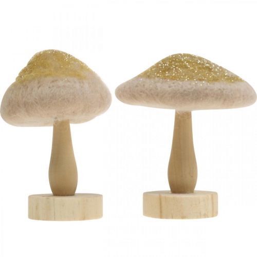 Article Déco champignon bois, feutre à paillettes décoration de table Avent H11cm 4pcs