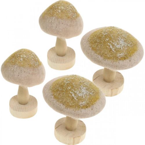 Article Déco champignon bois, feutre à paillettes décoration de table Avent H11cm 4pcs