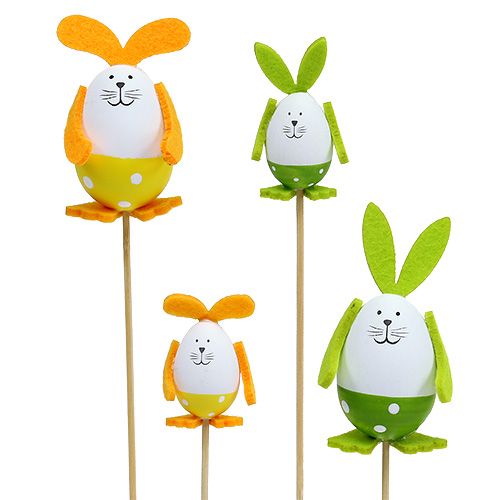 Floristik24 Œufs sur tige, dessin lapin 7-9cm Blanc-vert 6P