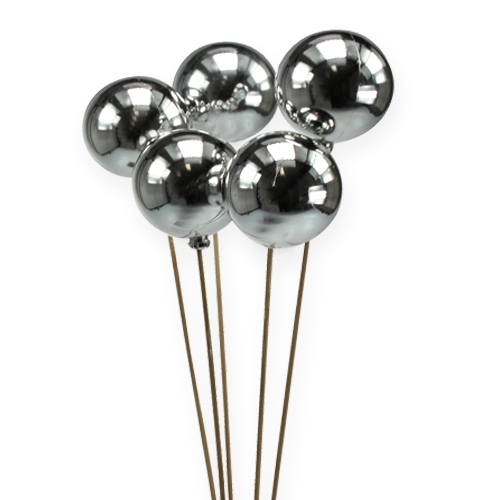 Floristik24 Bouchon de Noël Boule de sapin de Noël sur bâton argent, nacre scintillante Ø6cm 20 pièces