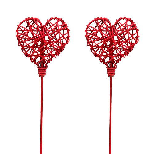 Floristik24 Coeur en rotin sur bâton rouge 7cm L45cm 18 pcs
