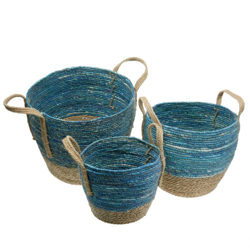 Floristik24 Panier en rotin nature/bleu Ø40/32/26cm 3pcs