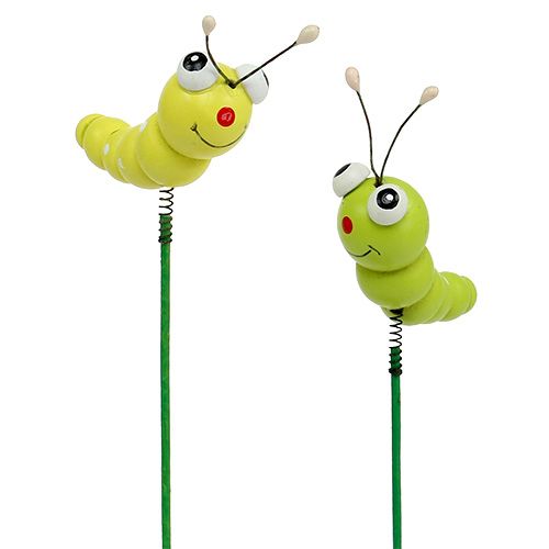 Chenille en bois sur bâton vert, jaune 8cm 24pcs