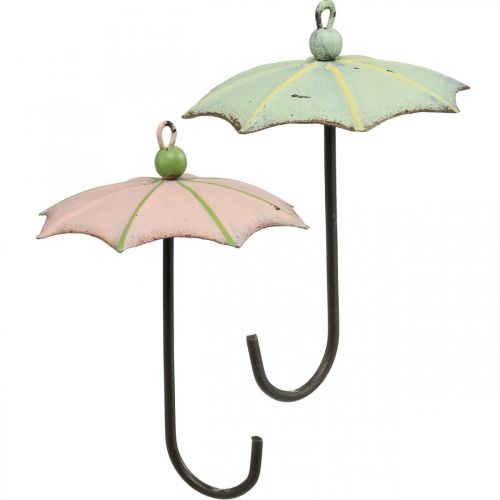 Floristik24 Parapluies à suspendre, décoration printanière, ombrelle, décoration métal rose, vert H12,5cm Ø9cm 4pcs