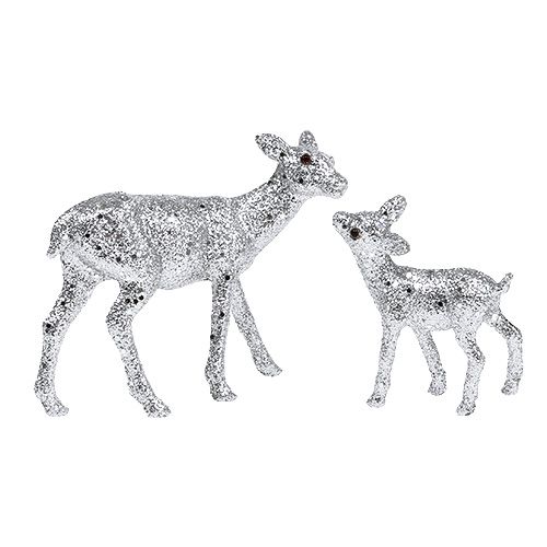 Fauve avec faon 10cm argent avec mica