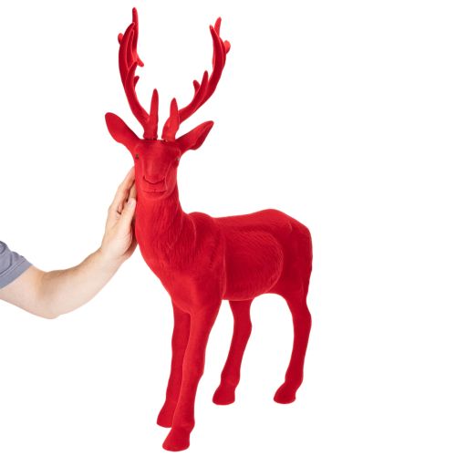 Grande figurine cerf debout 85 cm rouge en plastique floqué pour décoration intérieure | Floristik24.fr
