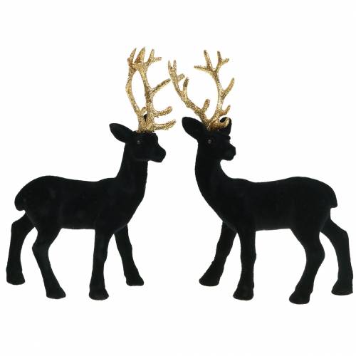 Article Cerf décoratif floqué noir, doré 20cm 2pcs