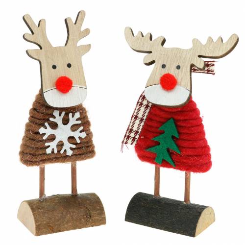 Renne et orignal avec pull de Noël marron/rouge H14.5/13.5cm 6pcs