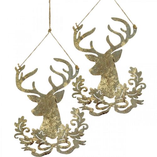 Article Renne à suspendre, décoration de Noël, tête de cerf, pendentif en métal doré aspect antique H23cm 2 pièces
