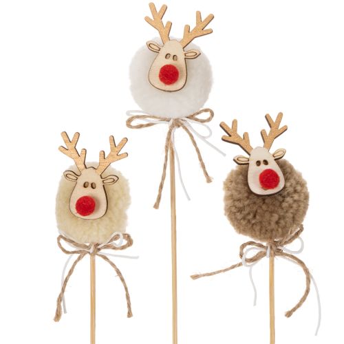 Lot de 12 piques décoratives renne en bois, tissu et pompon, 24 cm, marron, beige et blanc acheter | Floristik24.fr