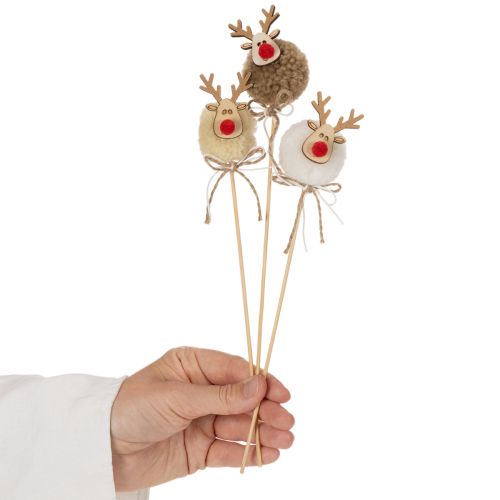 Lot de 12 piques décoratives renne en bois, tissu et pompon, 24 cm, marron, beige et blanc | Floristik24.fr