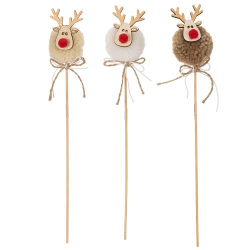 Lot de 12 piques décoratives renne en bois, tissu et pompon, 24 cm, marron, beige et blanc | Floristik24.fr