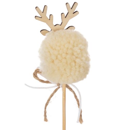 Lot de 12 piques décoratives renne en bois, tissu et pompon, 24 cm, marron, beige et blanc | Floristik24.fr