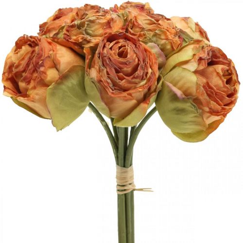 Bouquet de roses, fleurs en soie, roses artificielles orange, aspect antique L23cm 8 pcs