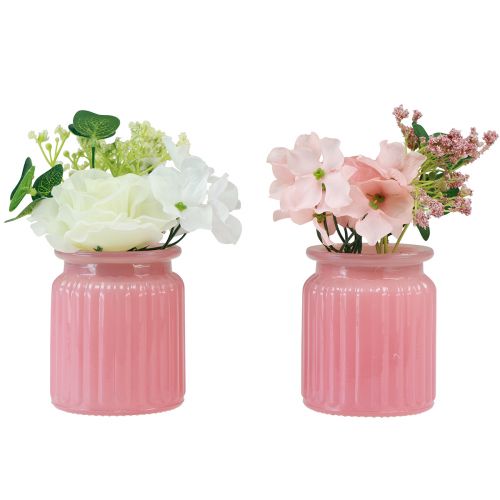 Article Rose artificielle en pot en verre rose blanc H16cm 2pcs