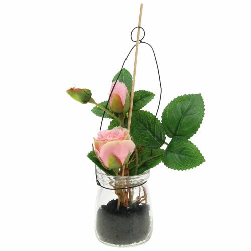 Rose dans le verre rose H23cm