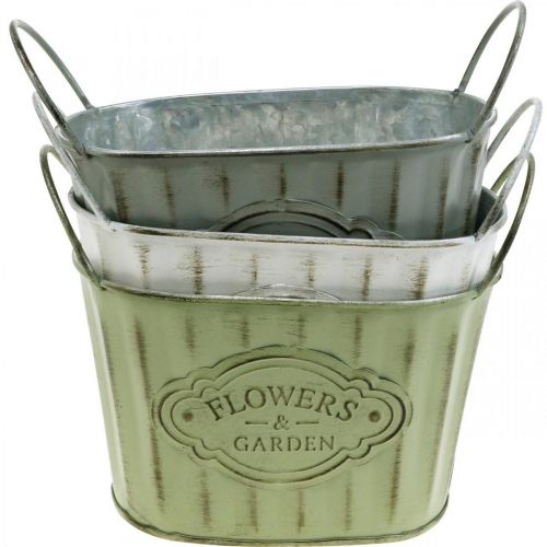 Floristik24 Pot de fleurs en métal avec anses vert, blanc, gris L24cm H14,5cm 3pcs