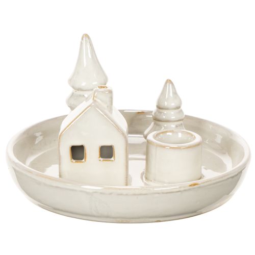 Porte-bougie décoratif en céramique avec maison et arbres, 16 cm | Floristik24.fr