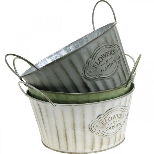 Coupe en métal, pot de fleur de printemps, jardinière avec anses vert, blanc, gris Ø21cm H15.5cm lot de 3