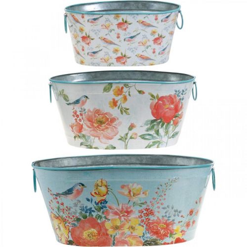 Article Bols à plantes, printemps, pot de fleurs/oiseaux, récipient en métal ovale L39/31/24,5 cm lot de 3