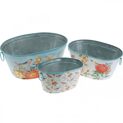 Bols à plantes, printemps, pot de fleurs/oiseaux, récipient en métal ovale L39/31/24,5 cm lot de 3