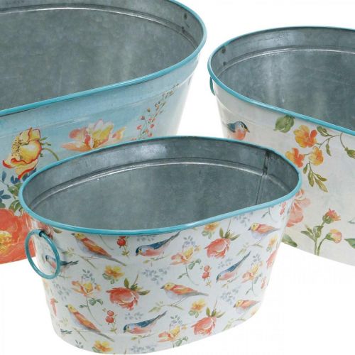 Article Bols à plantes, printemps, pot de fleurs/oiseaux, récipient en métal ovale L39/31/24,5 cm lot de 3