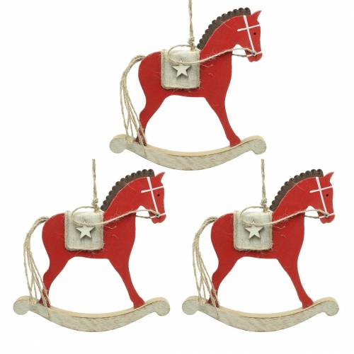 Floristik24 Cheval à bascule à suspendre bois rouge H17cm 3pcs Décorations d&#39;arbres nostalgiques