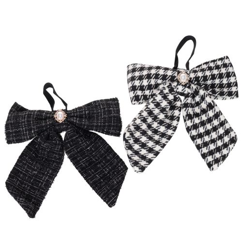 Lot de 2 nœuds en tissu à carreaux avec broche et attache, 24 cm, noir et blanc acheter | Floristik24.fr