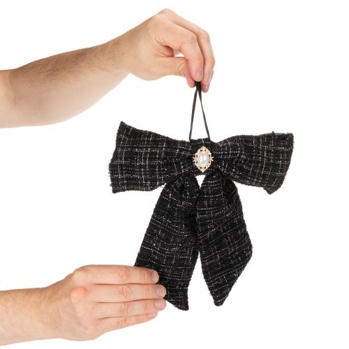 Lot de 2 nœuds en tissu à carreaux avec broche et attache, 24 cm, noir et blanc | Floristik24.fr