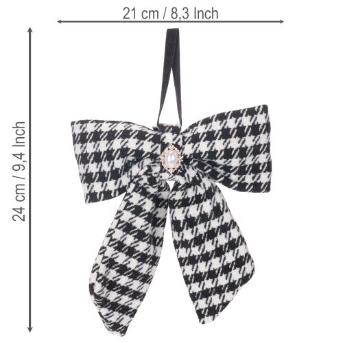 Lot de 2 nœuds en tissu à carreaux avec broche et attache, 24 cm, noir et blanc | Floristik24.fr