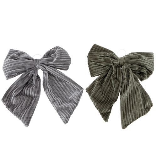 Lot de 2 nœuds décoratifs côtelés en velours à suspendre, 24 cm, gris et vert olive